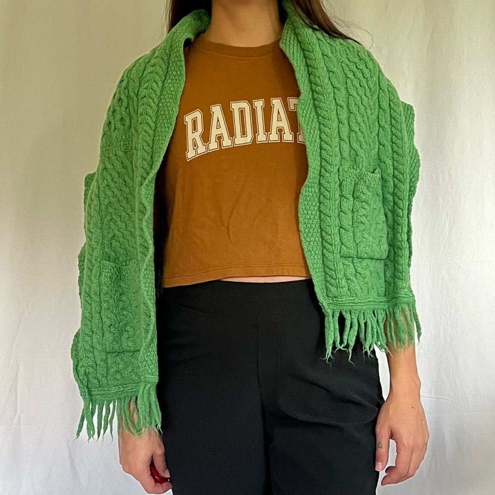 Aran Crafts Ireland Wool Wrap with Pockets Knit Sweater Poncho One Size